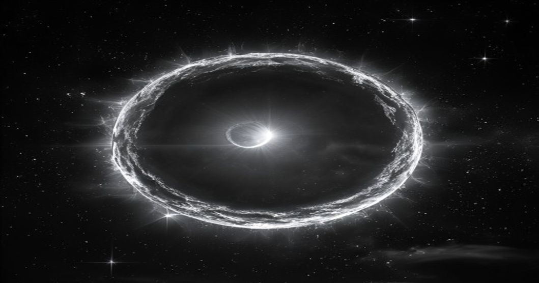 Eclipse solar total con corona solar visible como halo blanco plateado alrededor del disco negro de la Luna en cielo oscurecido de día