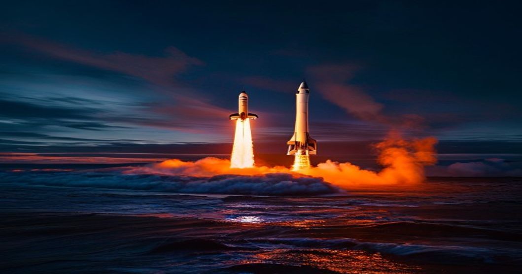 Cohete Falcon 9 de SpaceX aterrizando verticalmente en plataforma marina ASDS con columna de fuego de aterrizaje en el Atlántico