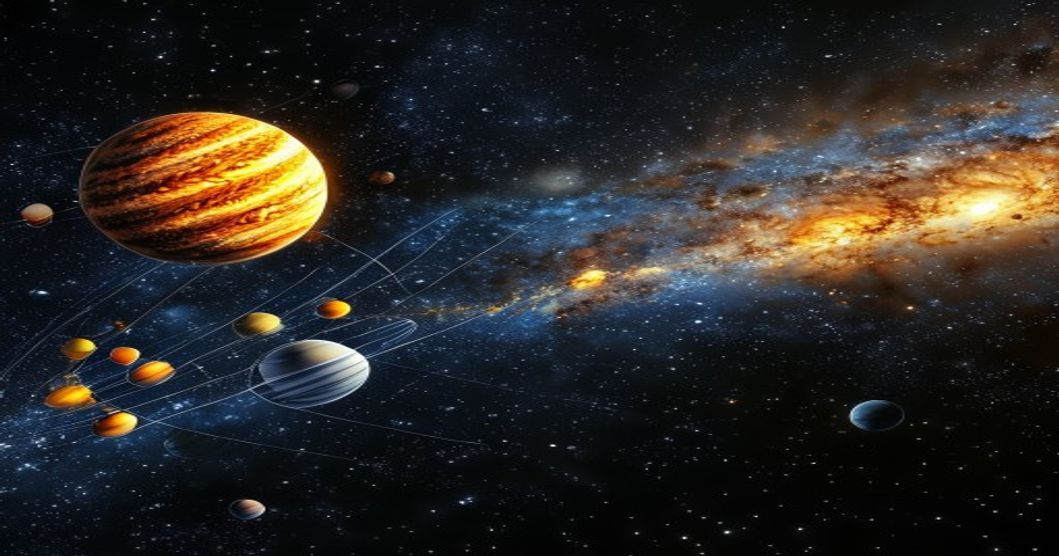 Ilustración científica del sistema solar con los 8 planetas a escala de distancia desde el Sol con colores y texturas reales