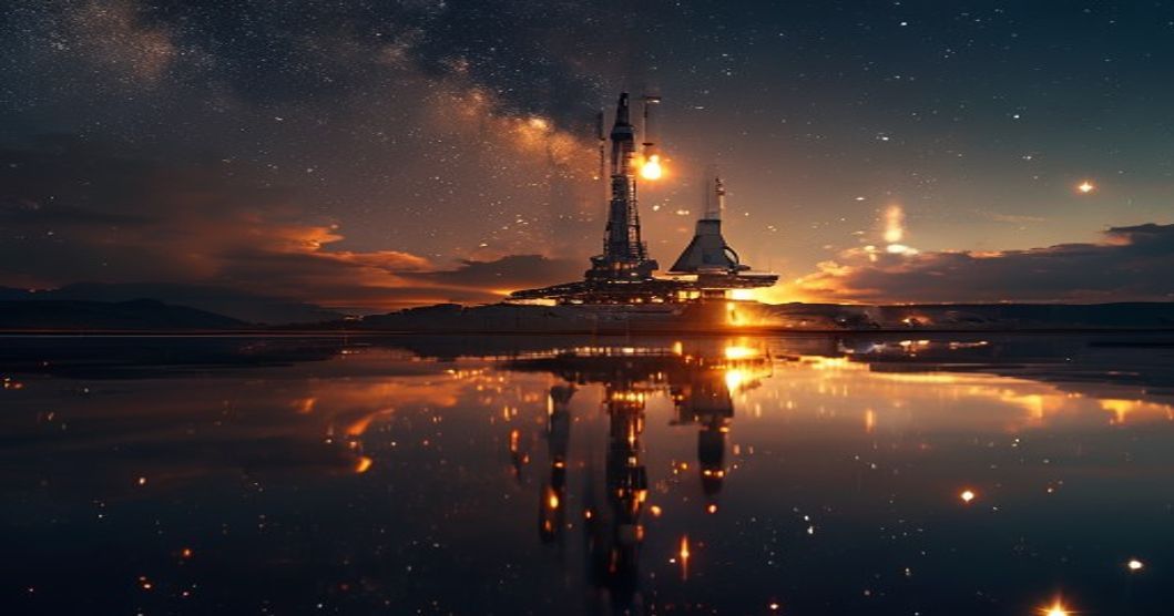 Cohete Starship de SpaceX en la plataforma de lanzamiento Starbase en Boca Chica Texas con torre Mechazilla al fondo
