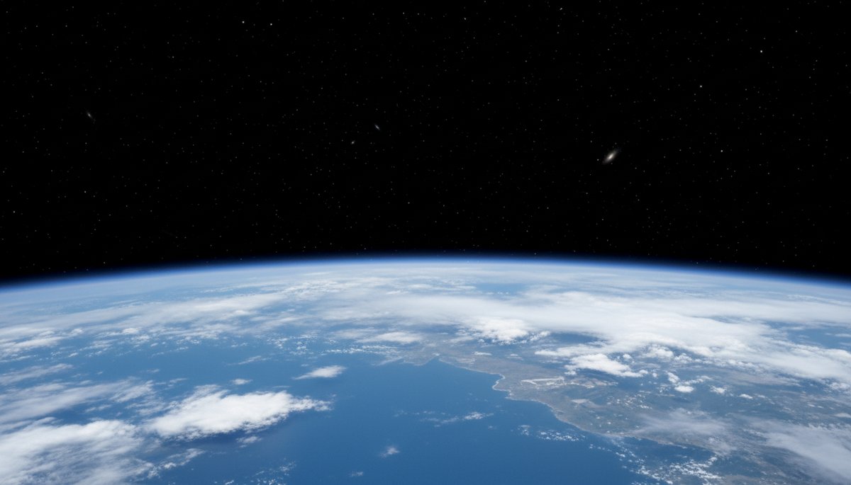 Detalle de la fina capa atmosférica azul que separa la superficie de la Tierra del vacío del espacio