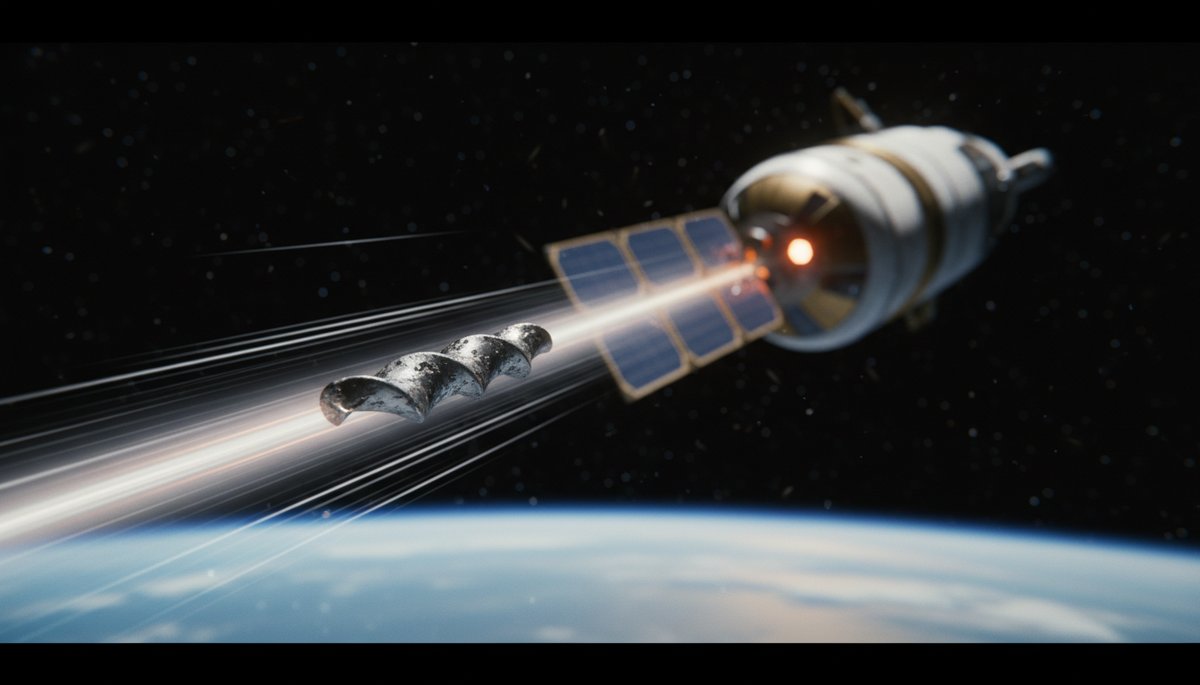 Fragmento metálico de basura espacial cruzando el cosmos a velocidad orbital