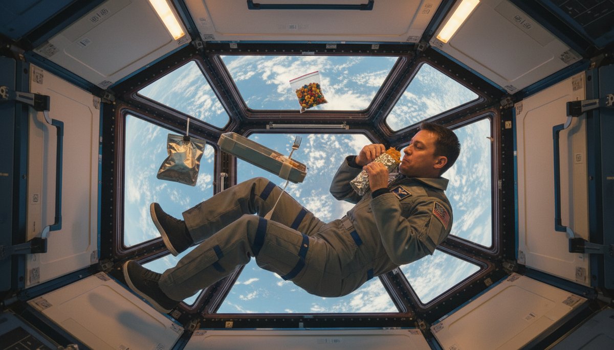 Astronauta comiendo una tortilla rellena en la ISS con paquetes de comida flotando