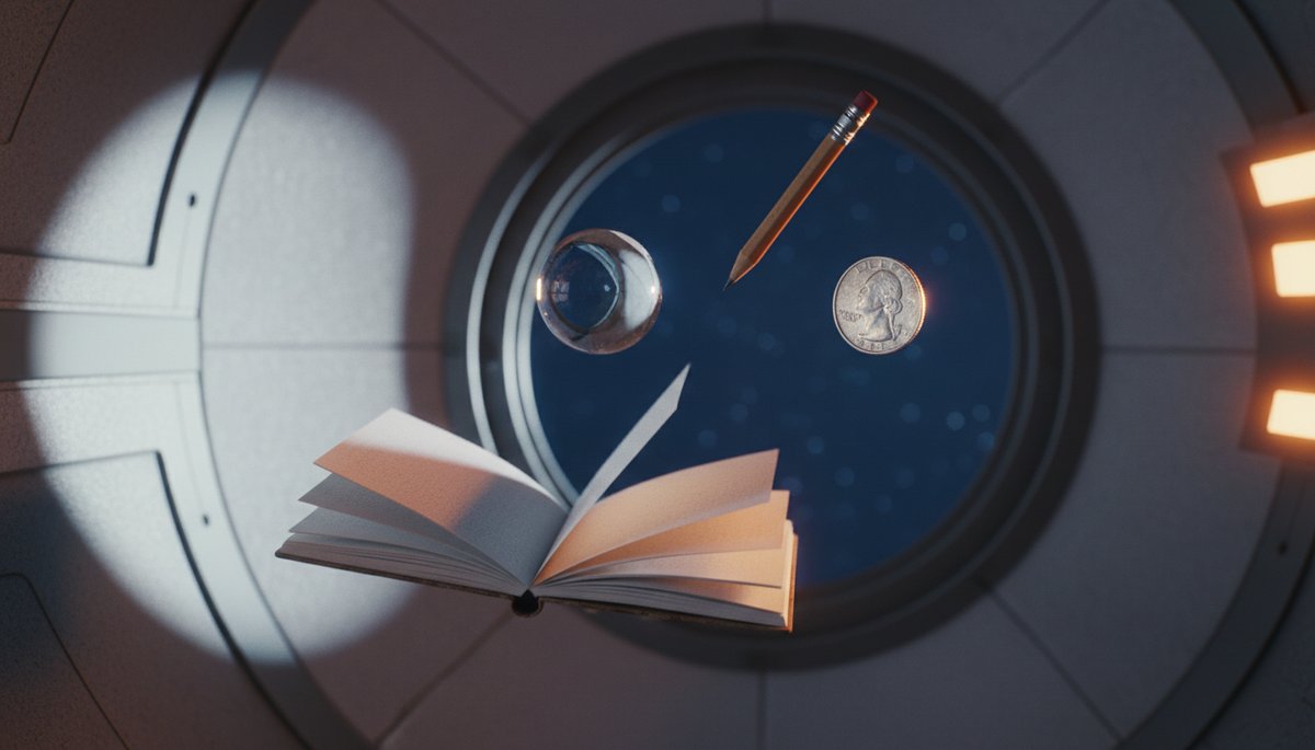 Objetos cotidianos flotando en gravedad cero: gota de agua, bolígrafo, cuaderno y moneda