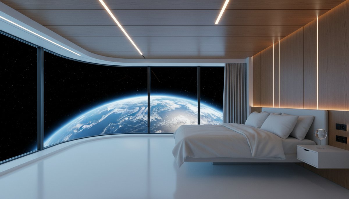 Habitación de hotel orbital con cama y ventanal panorámico mostrando la curvatura de la Tierra