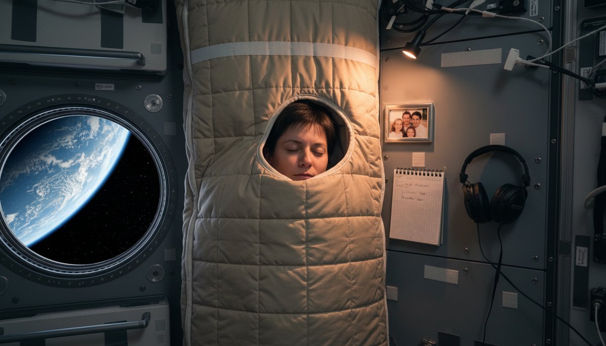 Cabina de dormir en la ISS con saco anclado verticalmente y objetos personales