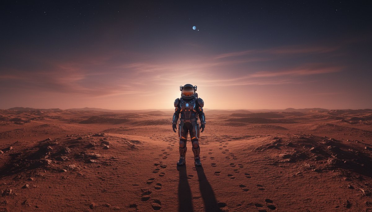 Astronauta en superficie marciana mirando al cielo con la Tierra como punto distante