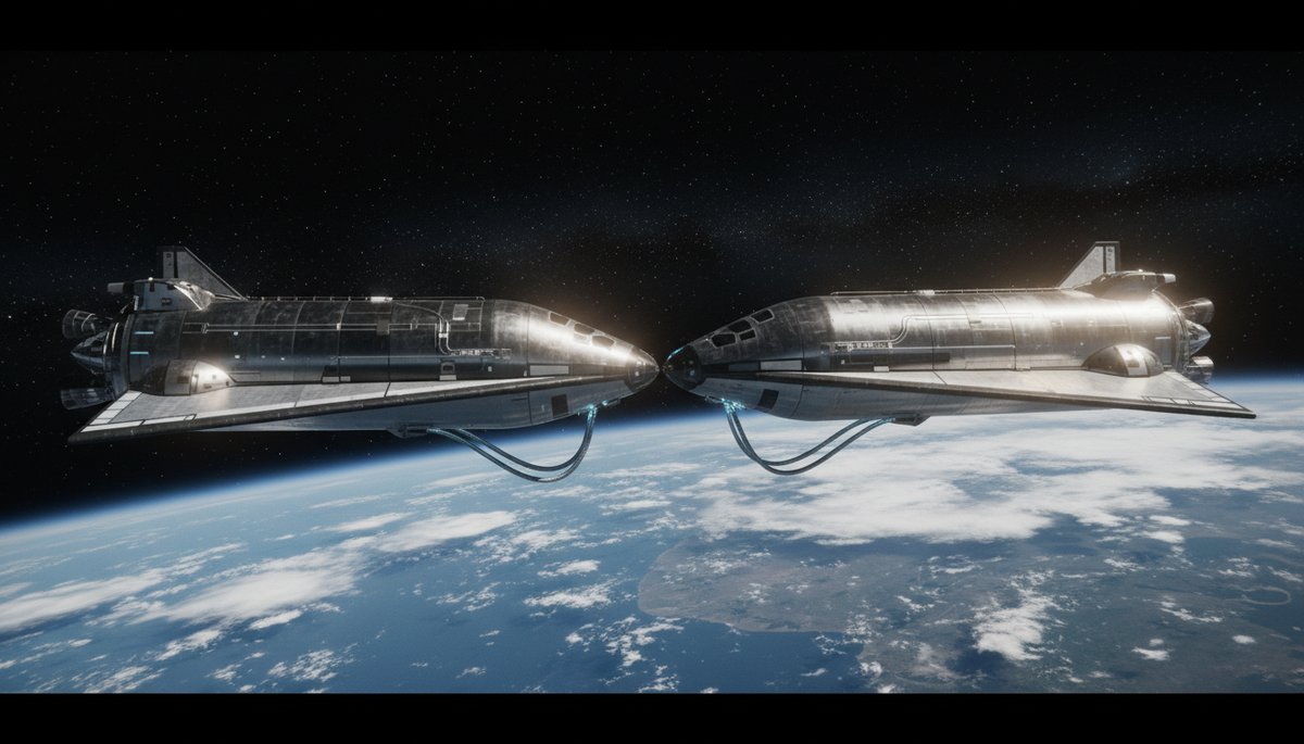 Dos Starships acopladas en órbita transfiriendo combustible con la Tierra abajo