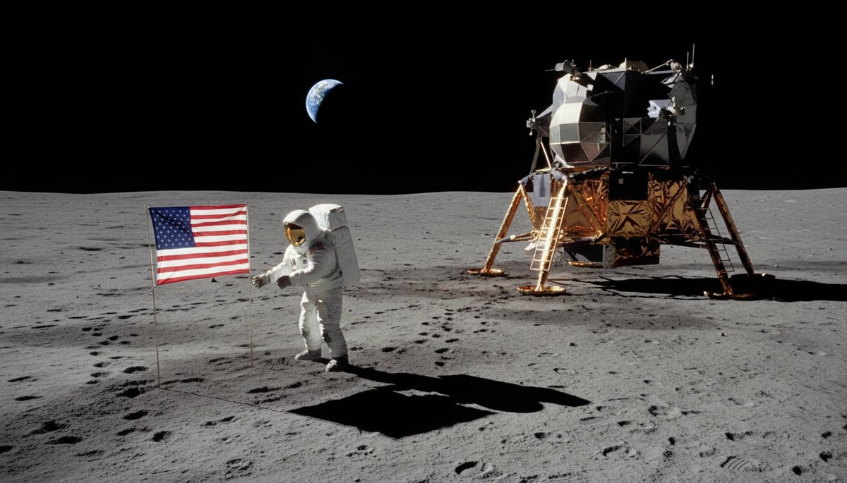 Módulo lunar del Apolo 11 sobre la superficie de la Luna con un astronauta plantando bandera y la Tierra al fondo