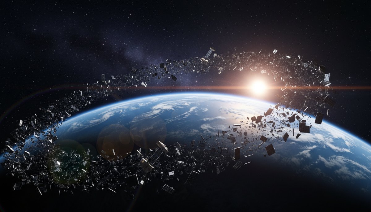 La Tierra desde la órbita rodeada de un halo de fragmentos de basura espacial