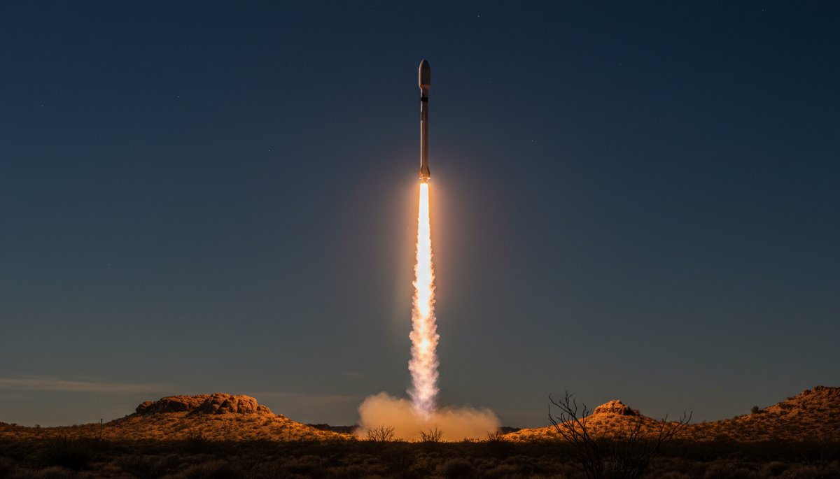 Cohete vertical Blue Origin despegando con estela luminosa