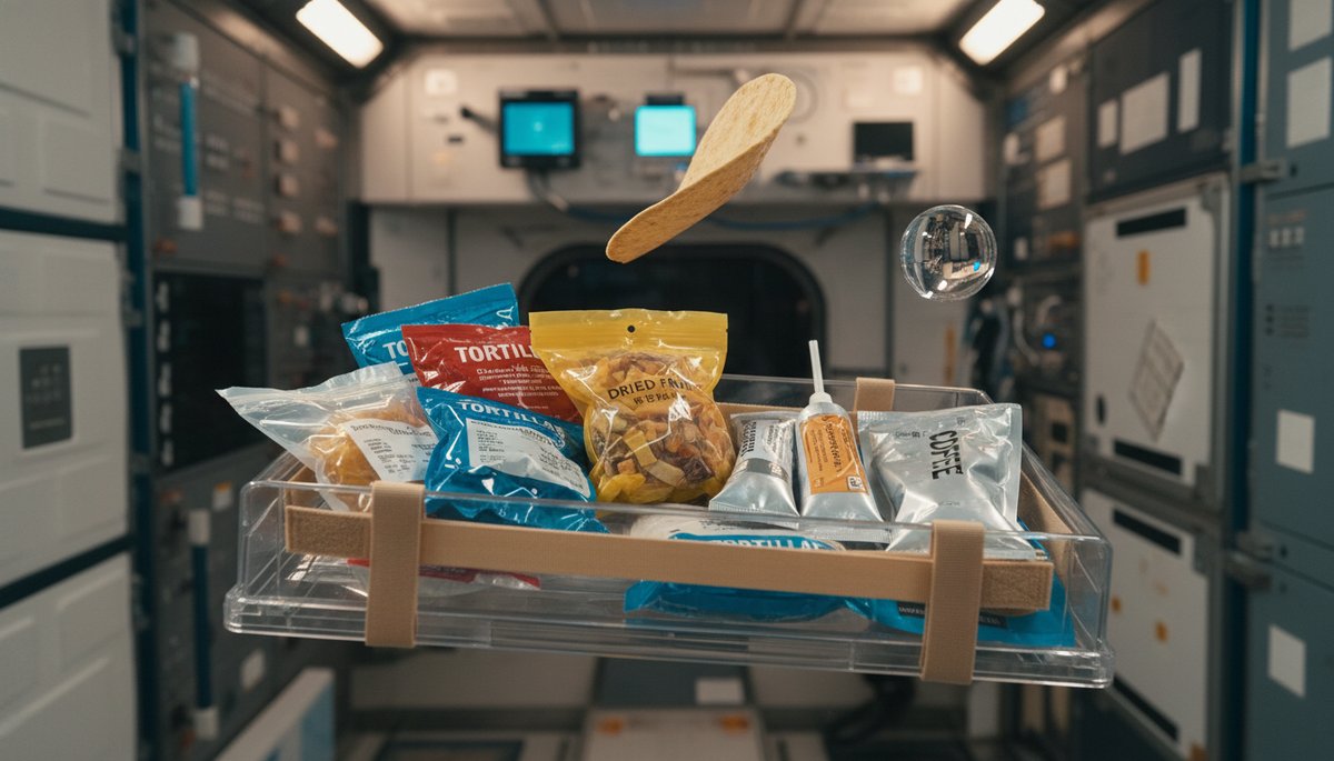 Bandeja de comida espacial liofilizada flotando en gravedad cero dentro de la ISS