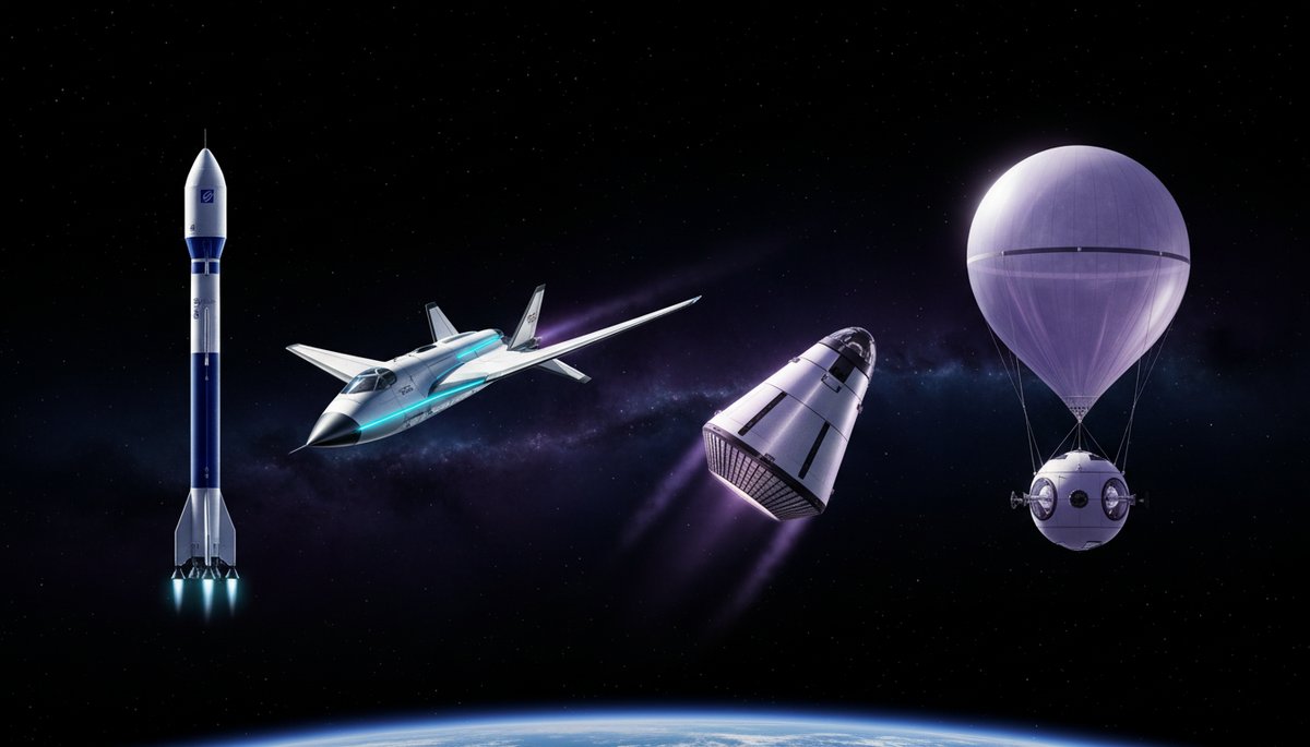 Cuatro vehículos de turismo espacial sobre fondo cósmico