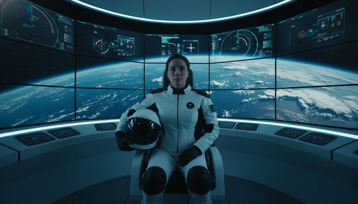 Astronauta civil en simulador de vuelo de Crew Dragon con pantallas de control