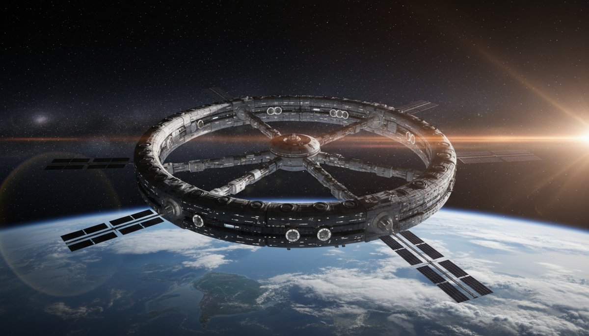 Estación espacial rotatoria con forma de rueda en órbita terrestre
