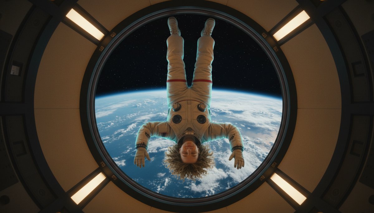 Astronauta civil flotando en gravedad cero dentro de cápsula con vista a la Tierra