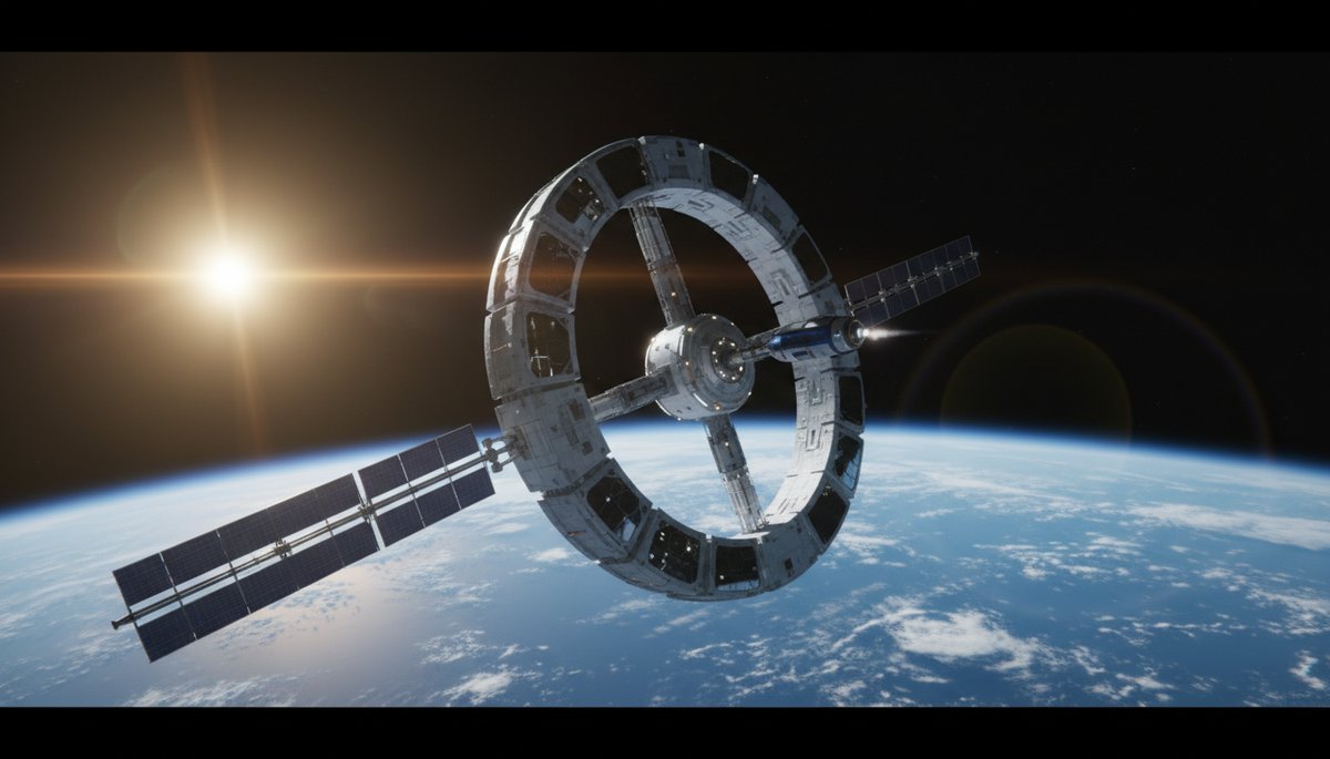 Voyager Station rotatoria con cápsula de transporte aproximándose en órbita terrestre baja