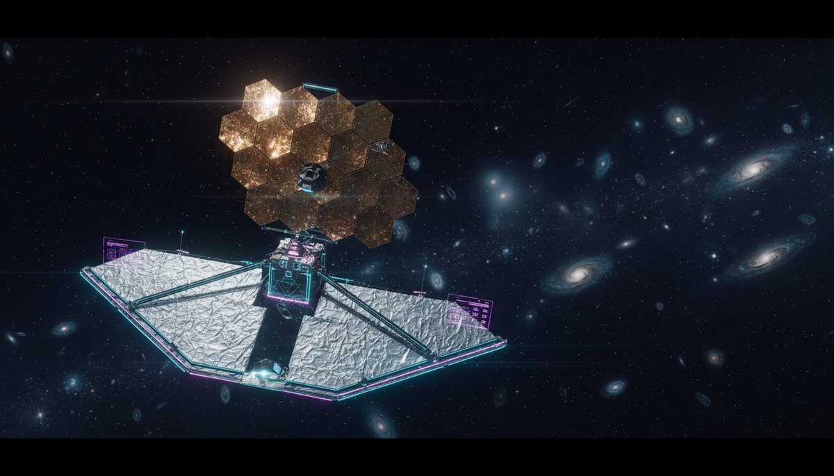 Telescopio espacial James Webb con su espejo dorado hexagonal y escudo solar de 5 capas en órbita L2