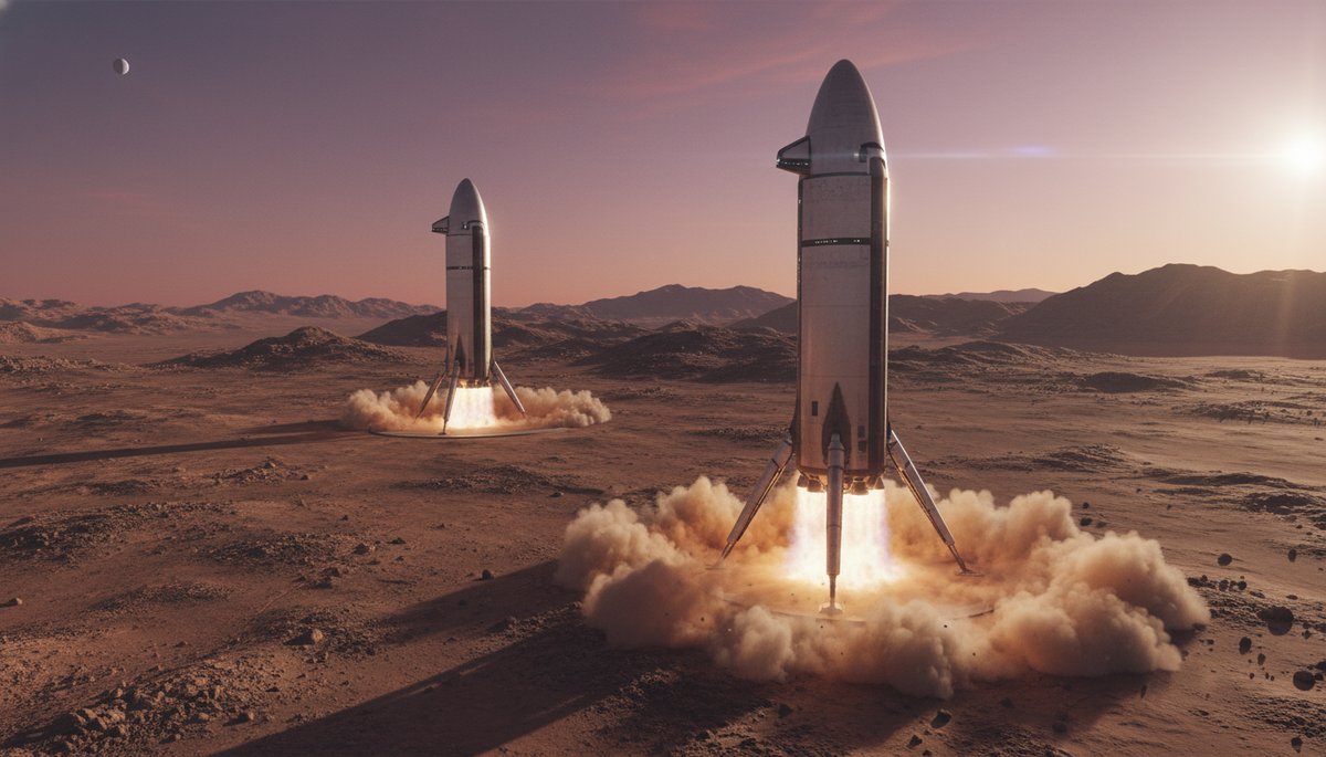 Starship aterrizando en Marte al atardecer con paisaje rojo y dos vehículos visibles