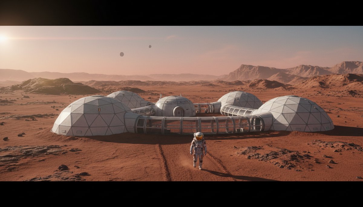 Colonia humana en Marte con domos blancos al atardecer marciano