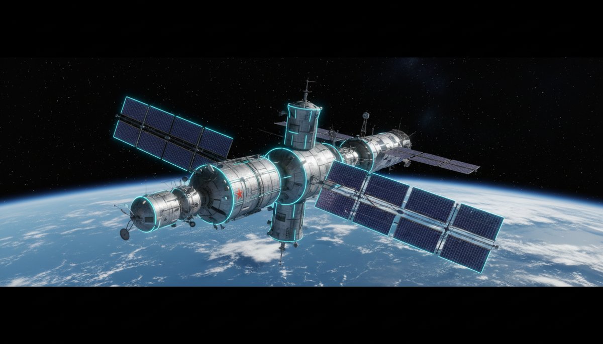 Estación espacial soviética Mir en órbita terrestre baja con módulos cilíndricos y paneles solares extendidos
