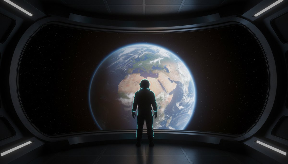 Astronauta en silueta mirando la Tierra desde la ventana de una estación espacial