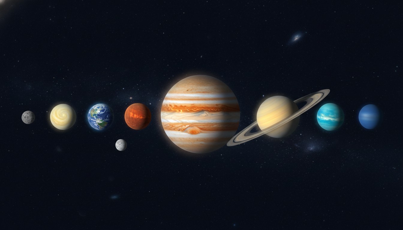 Los ocho planetas del sistema solar alineados sobre fondo estelar oscuro