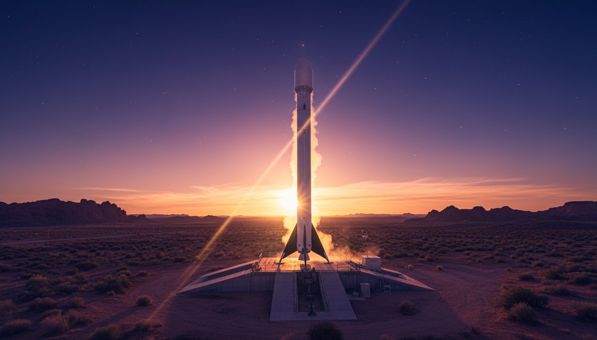 Cohete en plataforma de lanzamiento al amanecer