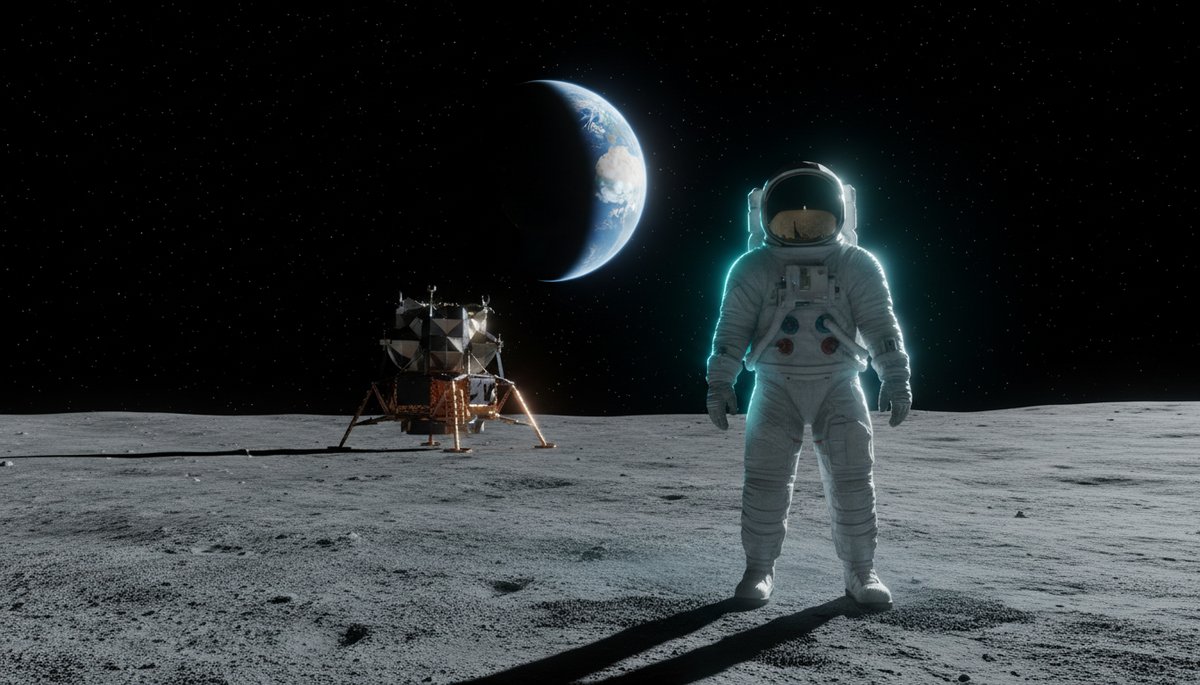 Astronauta Neil Armstrong en silueta sobre la superficie lunar con la huella icónica visible