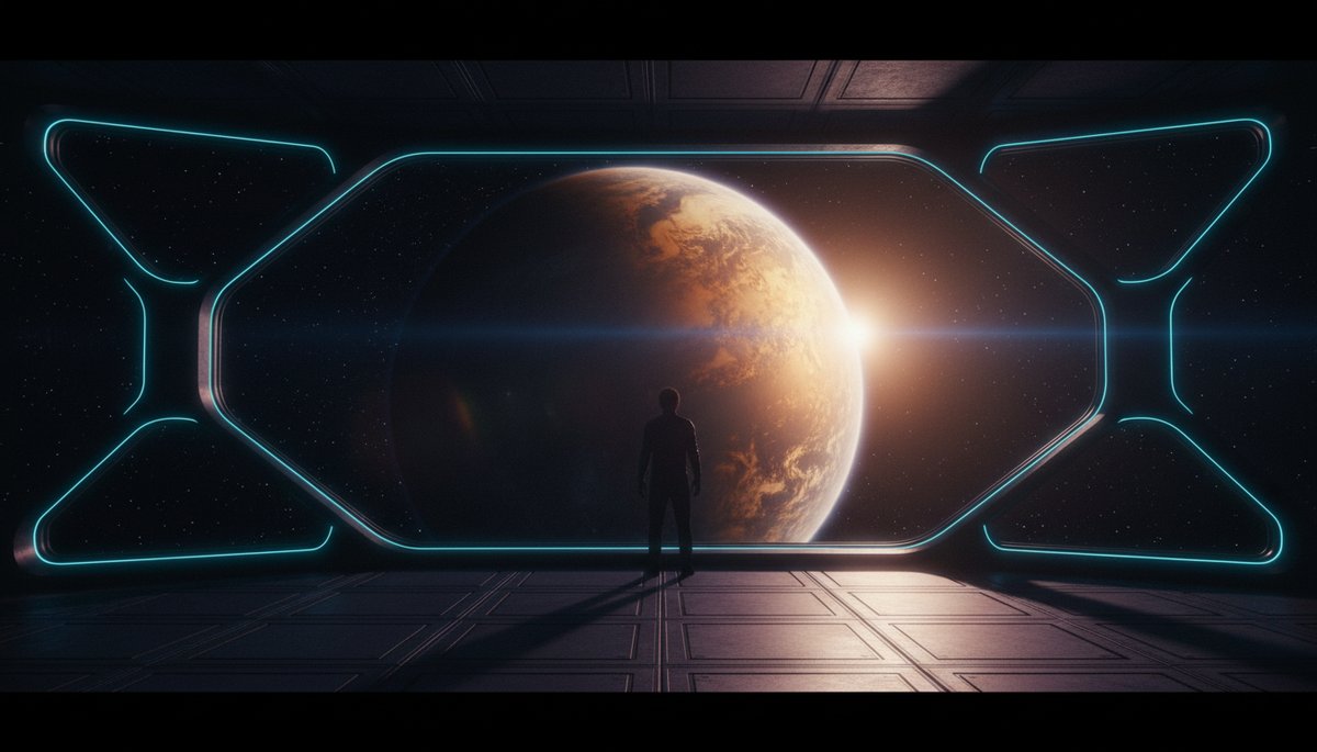 Silueta humana frente a ventana de hotel orbital con planeta al fondo