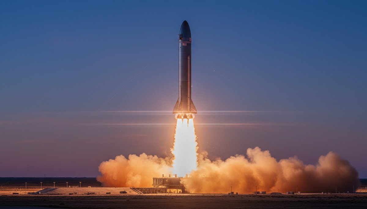 SpaceX Starship despegando con plumas masivas de los 33 motores Raptor al atardecer