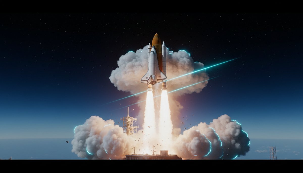 Transbordador espacial Atlantis despegando con sus dos cohetes propulsores blancos y tanque externo naranja