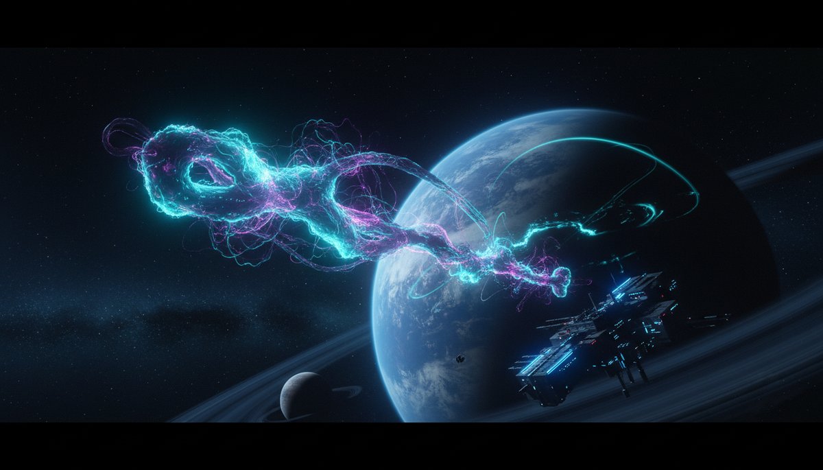 Paisaje alienígena evocador con dos soles en el horizonte y formaciones rocosas misteriosas