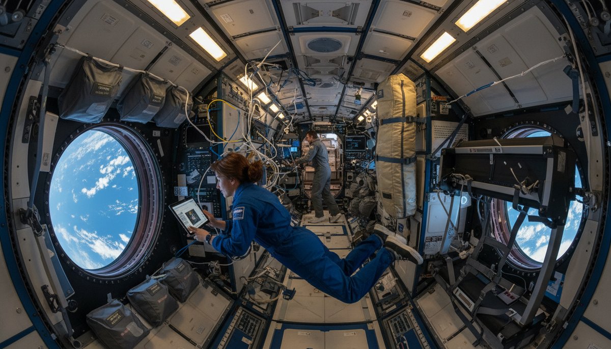 Astronauta flotando dentro de la Estación Espacial Internacional con ambiente de trabajo cotidiano